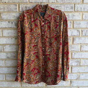 Lizwear Long Sleeve Button Front Floral Paisley Collared Shirt Blouse  Size M.
